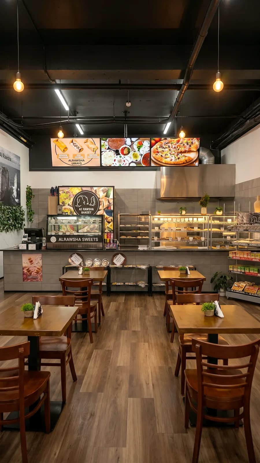 The counter and tables inside Al Rawsha