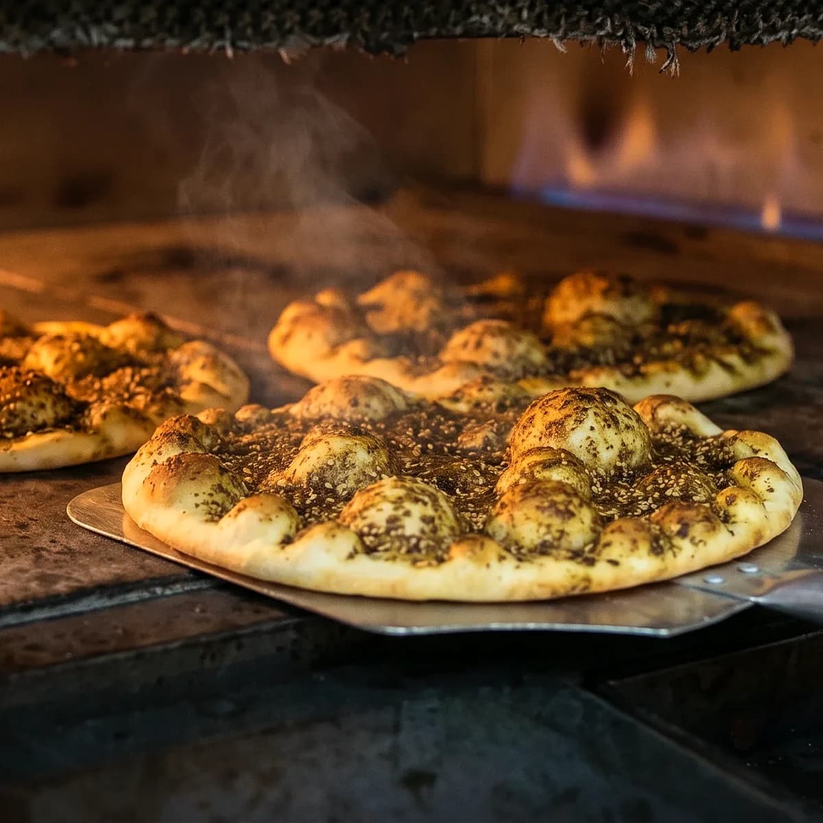 Zaatar manoushe coming out of the oven