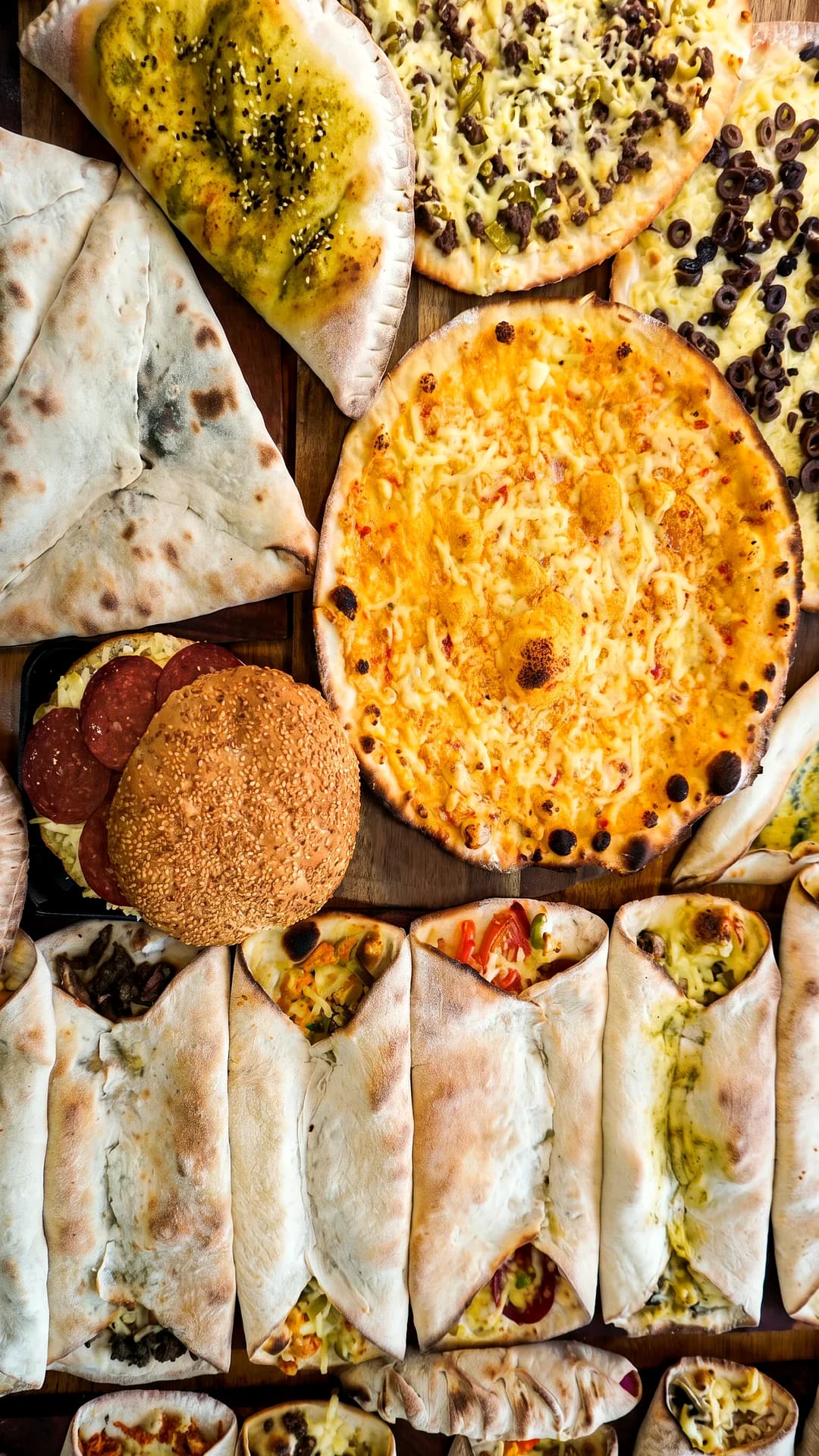 A table of pizzas, manoushe, pies and wraps