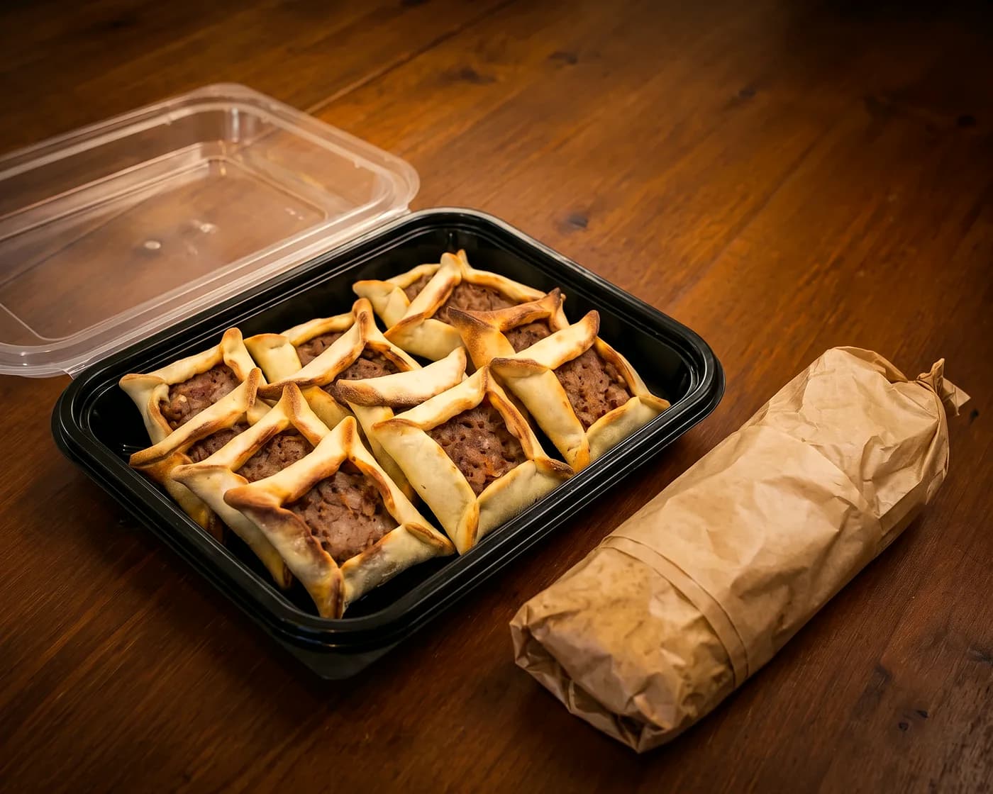 A takeaway tray of sfiha and a wrap in paper