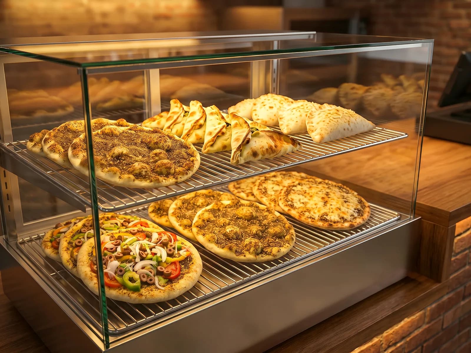 Fresh manoushe and pies in the display cabinet
